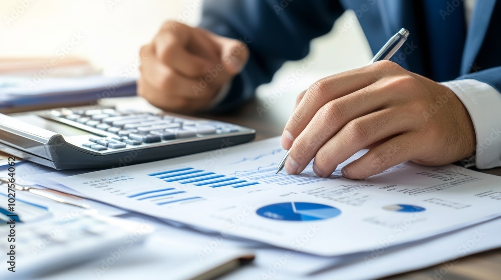 Poster a person analyzes financial reports, using a calculator and taking notes, surrounded by documents wi