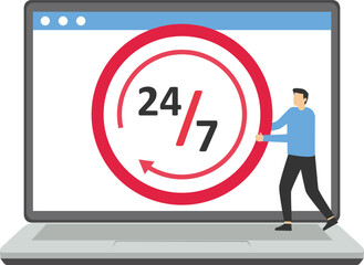 Computer laptop with clock. 24-7 support service, working hours. Open time. Success long term investment. Flat vector illustration

