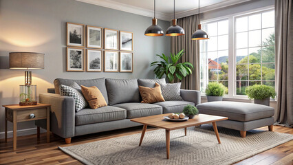 Fototapeta premium A living room with a couch coffee table and a plant on the table