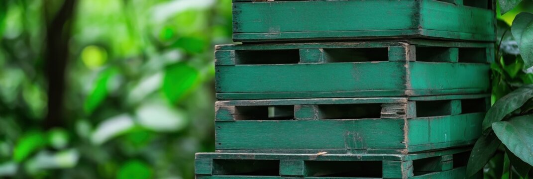 A neatly arranged stack of green pallets stands amidst lush, vibrant greenery, creating a harmonious blend of man-made structure and natural elements in a serene setting.