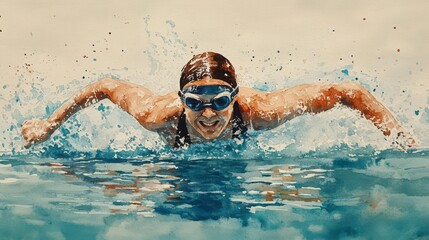 A dynamic watercolor of a person with a prosthetic arm swimming in a pool, midstroke, surrounded by splashes, showcasing determination and athleticism