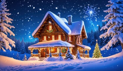 Fototapeta premium A charming Christmas scene showcasing a snow-covered house with warm lights and a brightly decorated tree. Snowflakes fall gently, creating a magical and peaceful holiday mood, perfect for Christmas