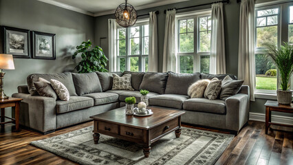 Obraz premium A living room with a couch coffee table and a plant on the table