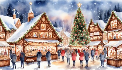 A vibrant Christmas market with glowing stalls, a towering Christmas tree, and people gathered to celebrate in a festive atmosphere. Ideal for holiday promotions, winter tourism, and Christmas cards.