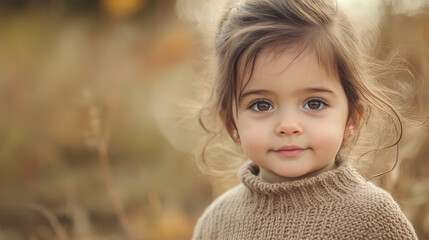 Fototapeta premium A portrait of a cute little girl gazing curiously at the camera, her eyes full of wonder, wearing a cozy sweater with a natural landscape softly blurred behind her