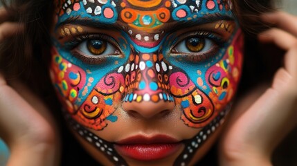 Fototapeta premium Face and body painting for cultural festivals, featuring bold and colorful patterns that represent tradition and celebration.