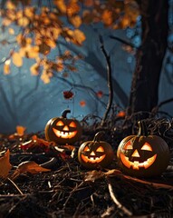 Spooky Halloween night with pumpkins and bats under a full moon