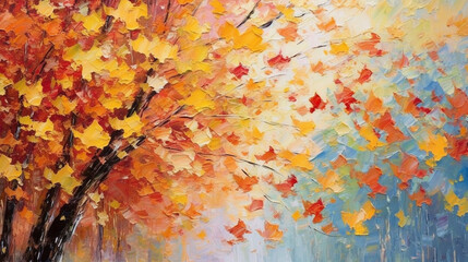 a scene of falling leaves in autumn with a breezy breeze