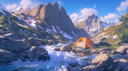 Illustration of Camping on the banks of a mountain river in the mountains. 