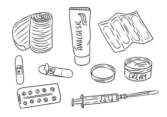 Doodle hand drawn set of sport traumas medicines. Pills, syringe, needle, bandage, analgesic and patch isolated on white background. Items for treating injury for coloring pages, stickers