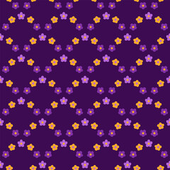Folk style seamless pattern with simple colored flowers. Hand drawn flowers on purple background. Vector illustration for textile, wallpaper