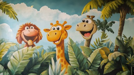 Obraz premium Hand-painted murals in a child's room, featuring playful and imaginative characters to inspire creativity.