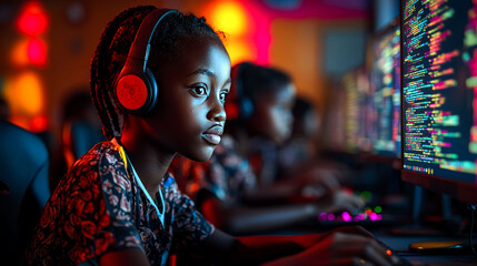 Obraz premium Child coding with headphones in a vibrant setting.