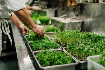 Chefs cultivating fresh microgreens in a professional kitchen