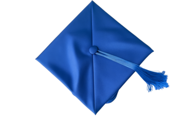 Bright blue graduation cap isolated on a white background, symbolizing achievement and education.