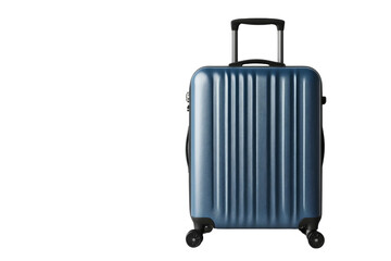 Blue suitcase with wheels and retractable handle on white isolated background.