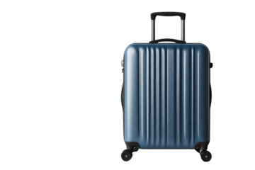 Blue suitcase with wheels and retractable handle on white isolated background.