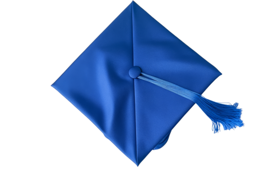 Bright blue graduation cap isolated on a white background, symbolizing achievement and education.