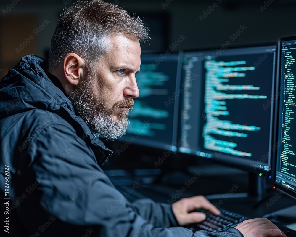 Poster a focused man works on multiple monitors, analyzing code in a dark environment, showcasing a tech-sa