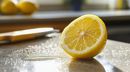 Half a lemon resting on a kitchen countertop, with droplets of juice visible on the surface and a knife in the background