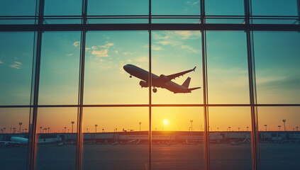 Airplane silhouette against window with light background, airplane in flight at airport terminal...