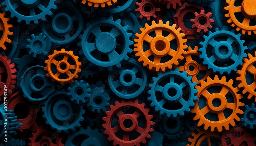 Aufkleber a vibrant array of colorful gears in blue and orange, showcasing mechanical design and intricate det