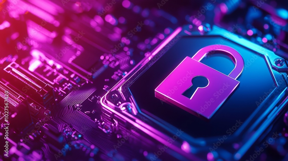 Aufkleber a colorful digital lock icon on a circuit board, symbolizing cybersecurity and data protection in a 