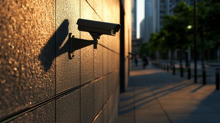 A surveillance camera is mounted on a wall, casting a shadow during golden hour, framed by modern urban architecture and greenery.