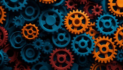 A vibrant array of colorful gears in blue and orange, showcasing mechanical design and intricate details in a visually striking arrangement.