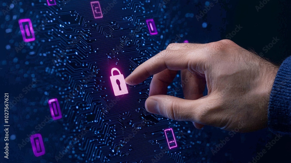 Aufkleber a hand touches a digital padlock icon on a glowing interface, symbolizing cybersecurity and password