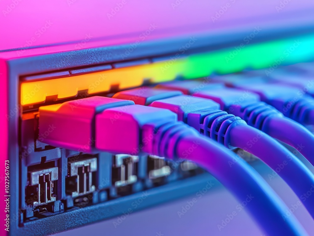 Poster a close-up of colorful network cables connected to a device, showcasing vibrant lights indicating ac