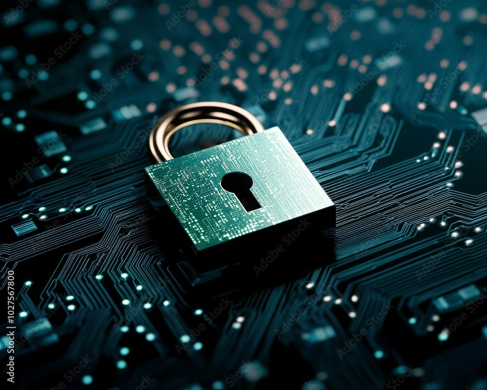 Poster a digital lock on a circuit board symbolizes cybersecurity and data protection in a high-tech enviro