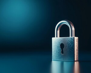 Fototapeta premium A shiny padlock placed on a dark surface, illuminated by soft blue lighting, symbolizing security and protection.