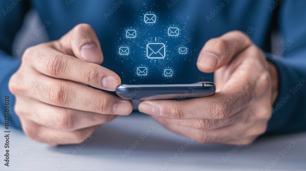 Poster a person using a smartphone, with digital email icons appearing above the device, symbolizing commun