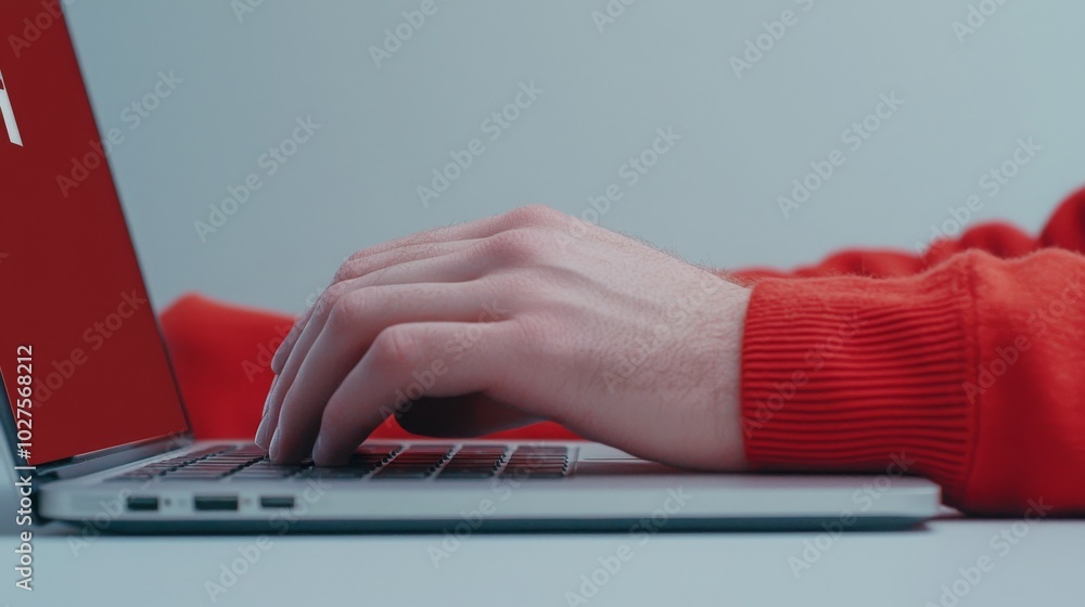 Poster a person in a red sweater types on a laptop, focusing on the keyboard in a minimalistic workspace.