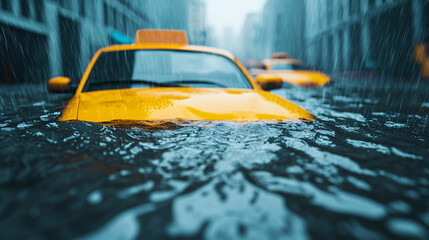 Dramatic urban scene of a yellow taxi submerged in rising floodwaters during heavy rain.