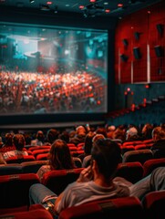 Audiences are immersed in the film on the large screen in a cozy theater setting, creating a lively cinematic experience. Generative AI