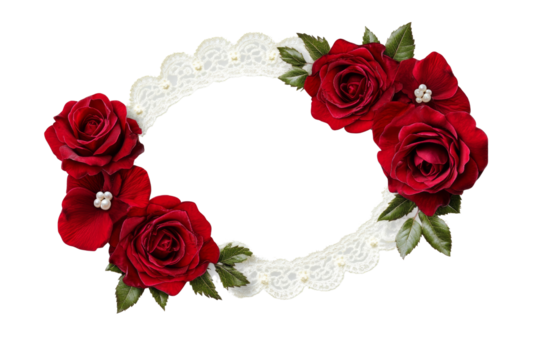 Elegant floral frame featuring red roses and delicate lace, perfect for composing romantic designs.