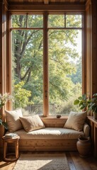 Fototapeta premium Serene reading nook with natural light and wooden accents, featuring plush cushions and a beautiful view of greenery 