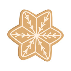 Merry Christmas Gingerbread cookie in star shape. Hand drawn vector homemade biscuit with icing. Happy new year. Winter illustration for greeting card, poster, internet post