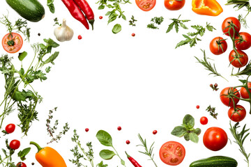 Fresh vegetables arranged in a vibrant circular frame against a white background.