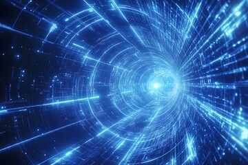 Abstract digital tunnel with bright blue glowing lines and a bright light at the end.