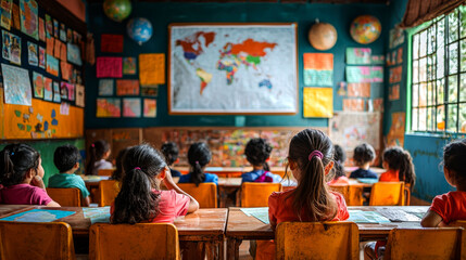 Naklejka premium Children sit in a classroom listening to their teacher.
