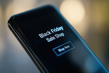 Smartphone Sale Notification: A close-up of a smartphone showing a push notification for a "Black Friday Sale" with a "Shop Now" button.