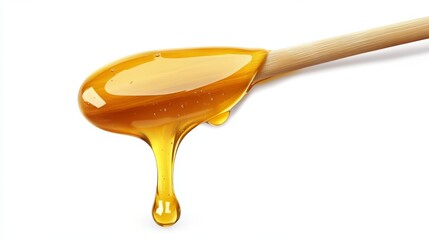 A wooden spoon holds a spoonful of honey, with a thick stream of honey dripping down.
