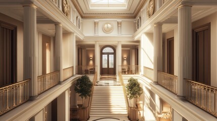 Neo-classical architecture with modern design elements in a government building, highlighting tradition and progress.