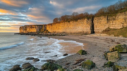A scenic view of a beach with cliffs and a dramatic sky.