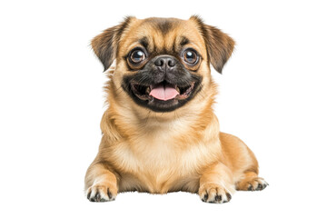 Happy and playful dog with a joyful expression, sitting on a white background.