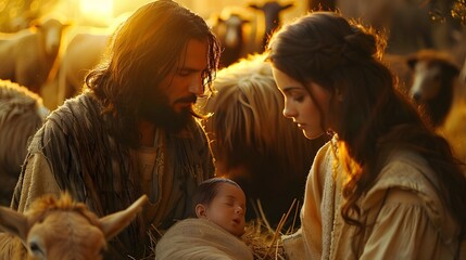 The first light of dawn breaks over the nativity scene, casting a soft golden glow on baby Jesus in the manger. Mary and Joseph kneel beside Him, their faces gently lit by the rising sun,