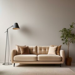 Minimalist home interior design of modern living room. Beige velvet sofa and floor lamp against wall with copy space.